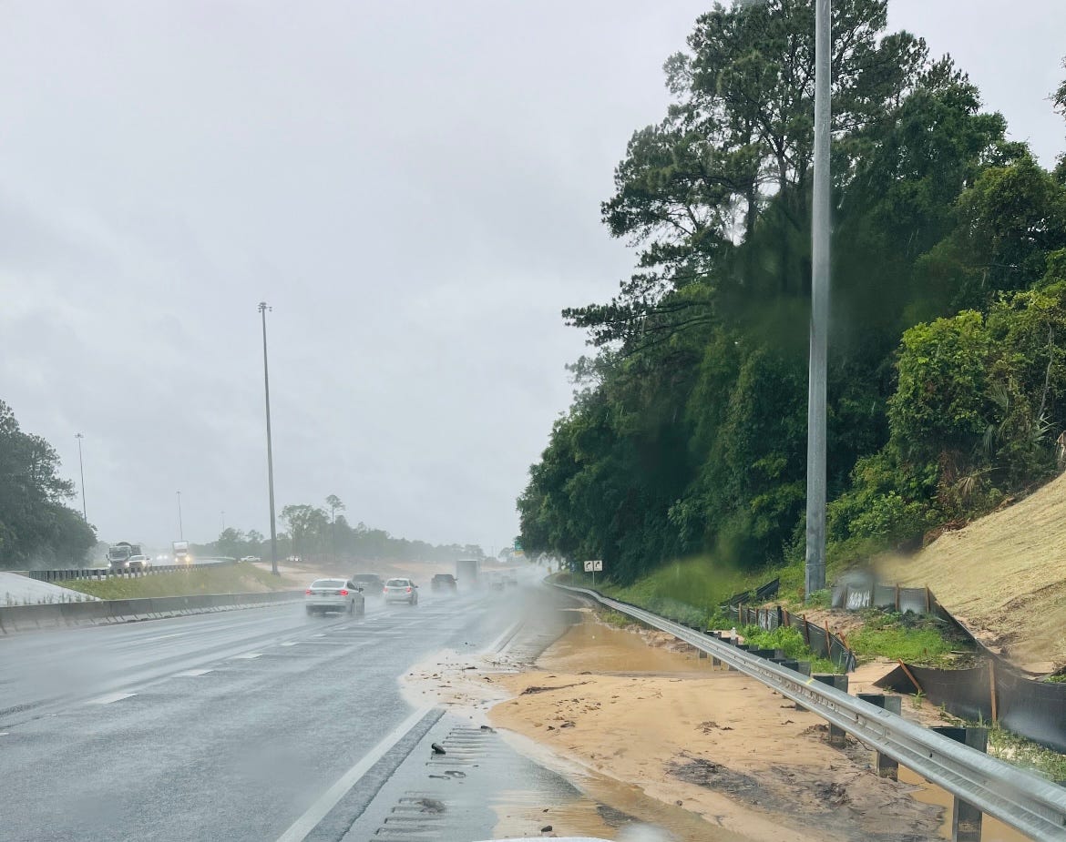 Storms left mud and debris in the outside lane of Interstate 10 near U.S. 29. FDOT said traffic delays were expected as cleanup operations were underway.